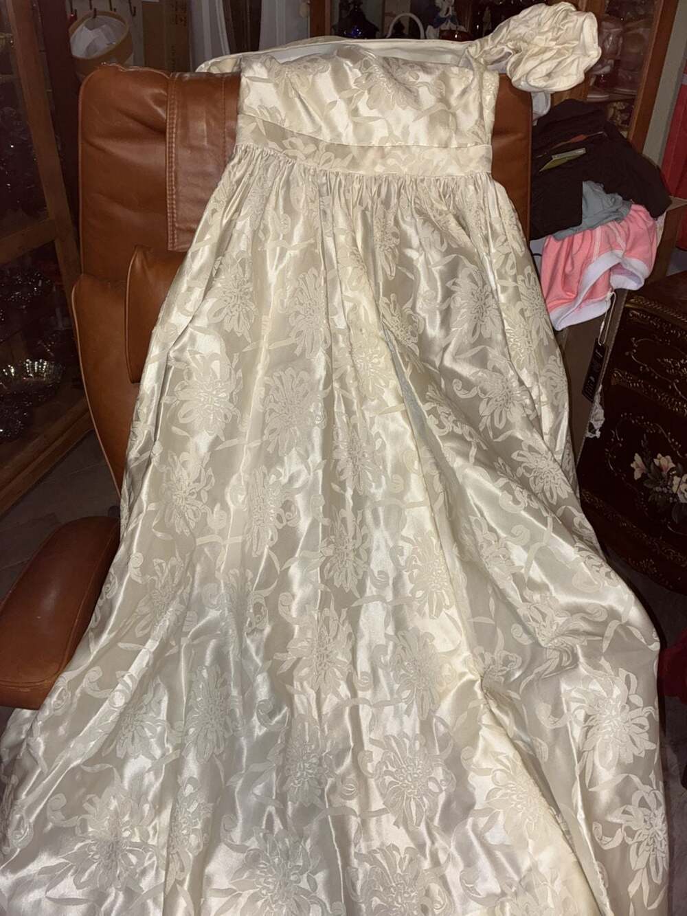 Vintage Cream Floral Jacquard Formal Gown Dress with Bow Accent